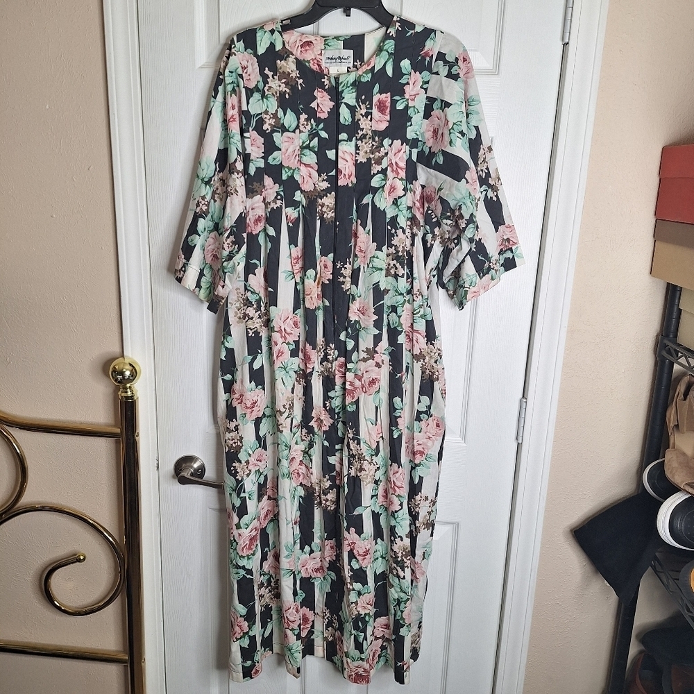 Anthony Richards House Dress Muumuu Black Pink Floral Stripe Lounge Size Large